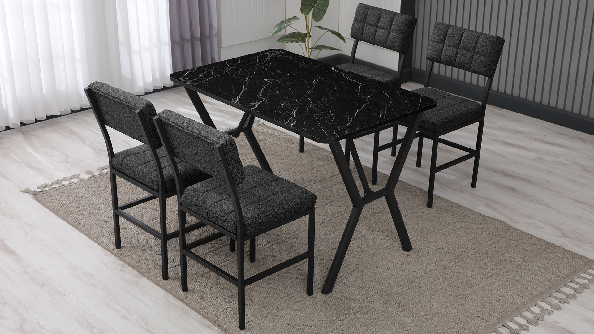 Dubai Modeli Mutfak Masa Takımı 4 Sandalye Keten Kumaş Füme 1 Masa Siyah Mermer Desenli