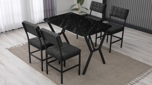 Dubai Modeli Mutfak Masa Takımı 4 Sandalye Keten Kumaş Füme 1 Masa Siyah Mermer Desenli