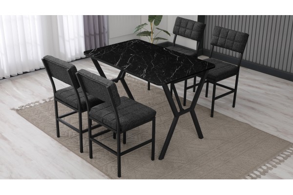 Dubai Modeli Mutfak Masa Takımı 4 Kişilik 4 Sandalye 1 Masa 70x110 cm Siyah Mermer Desenli Keten Kumaş Füme