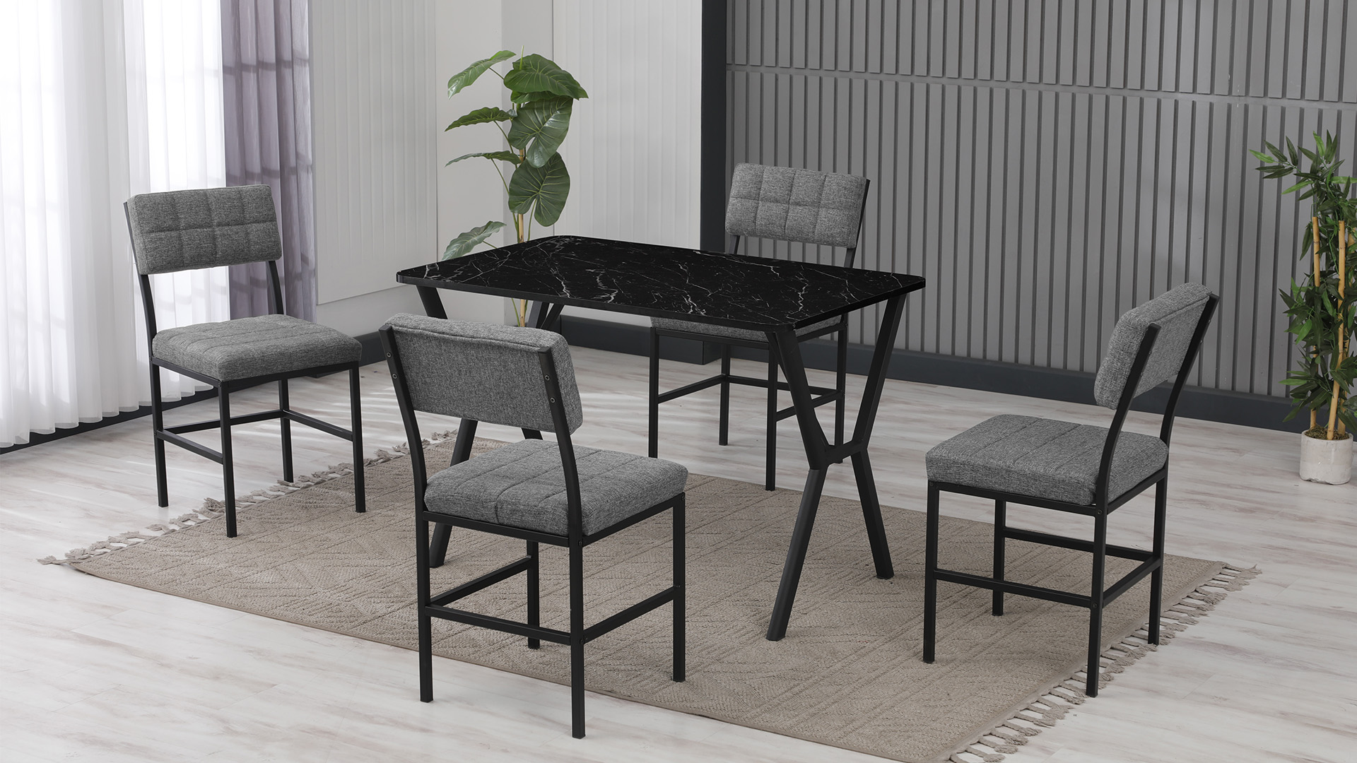 Dubai Modeli Mutfak Masa Takımı 4 Sandalye Keten Kumaş Gri 1 Masa Ceviz