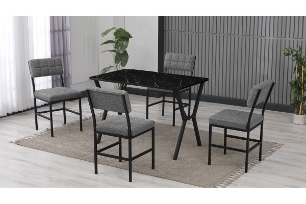 Dubai Modeli Mutfak Masa Takımı 4 Kişilik 4 Sandalye 1 Masa 70x110 cm Siyah Mermer Desenli Keten Kumaş Gri Dubai Modeli Mutfak Masa Takımı 4 Kişilik 4 Sandalye 1 Masa 70x110 cm Siyah Mermer Desenli Keten Kumaş Gri