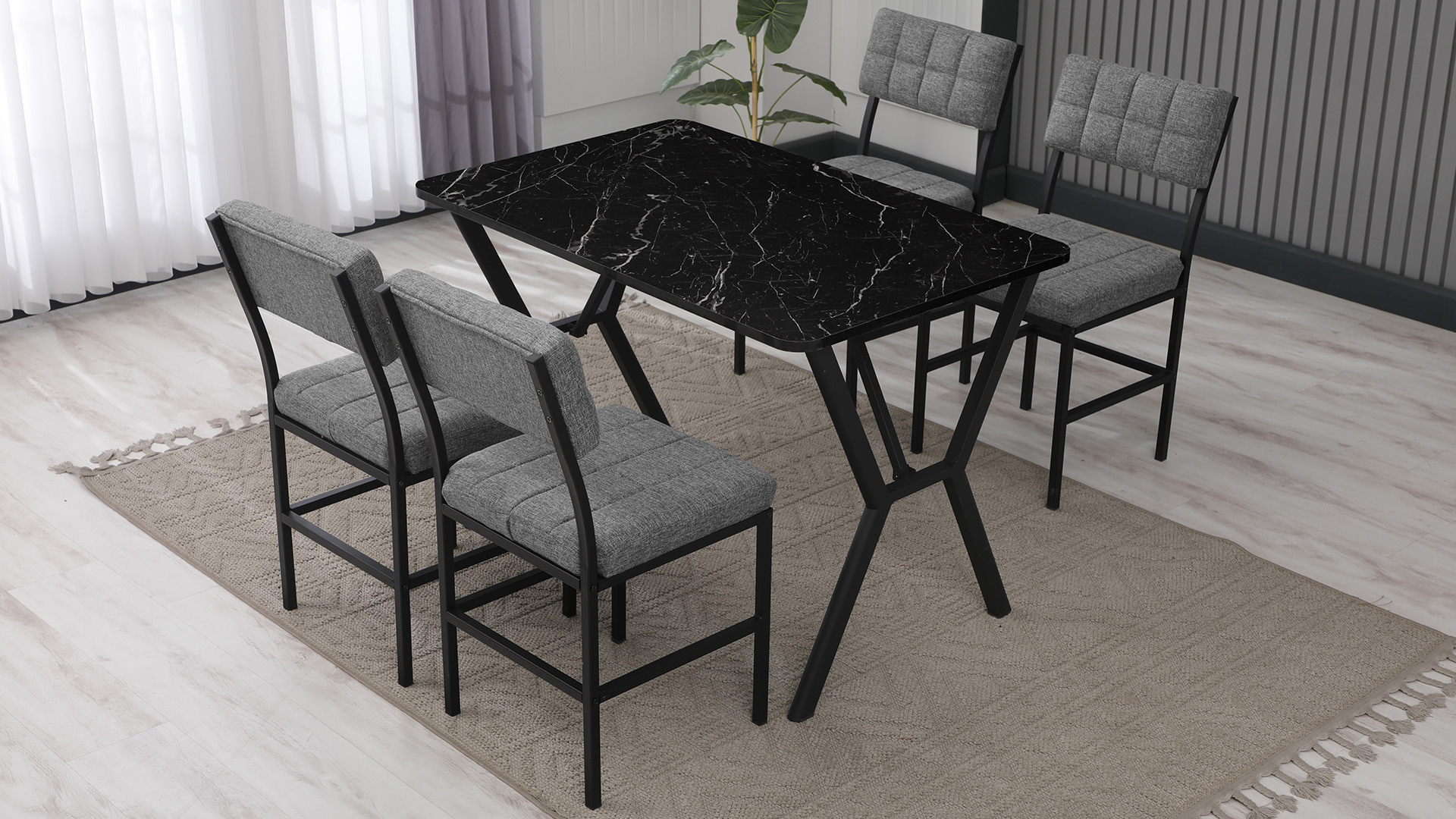 Dubai Modeli Mutfak Masa Takımı 4 Sandalye Keten Kumaş Gri 1 Masa Ceviz