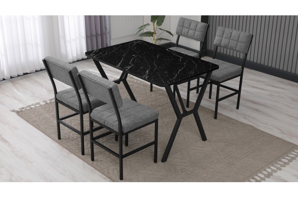 Dubai Modeli Mutfak Masa Takımı 4 Kişilik 4 Sandalye 1 Masa 70x110 cm Siyah Mermer Desenli Keten Kumaş Gri