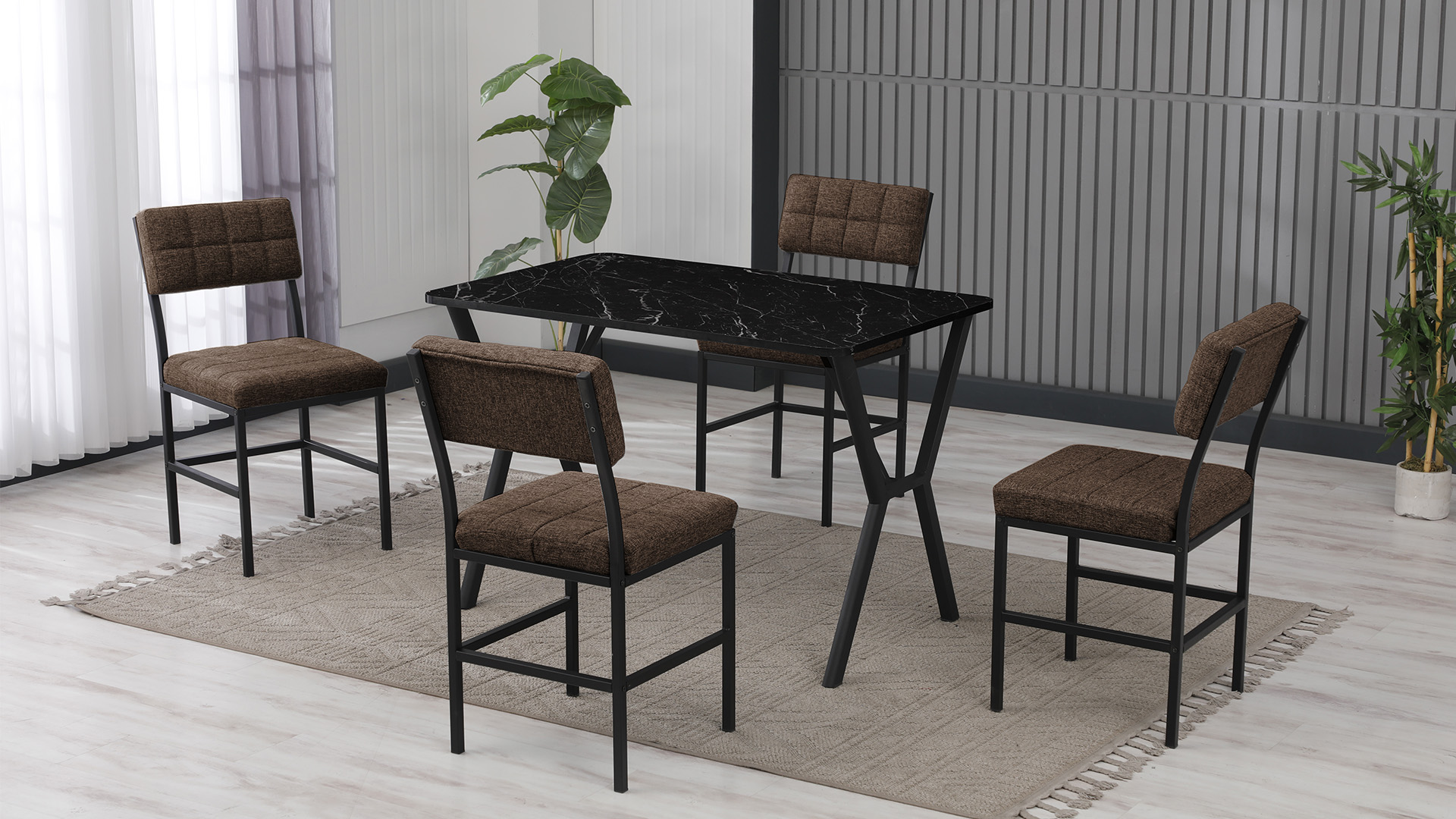 Dubai Modeli Mutfak Masa Takımı 4 Sandalye Keten Kumaş Kahve 1 Masa Ceviz