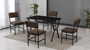 Dubai Modeli Mutfak Masa Takımı 4 Sandalye Keten Kumaş Kahve 1 Masa Ceviz