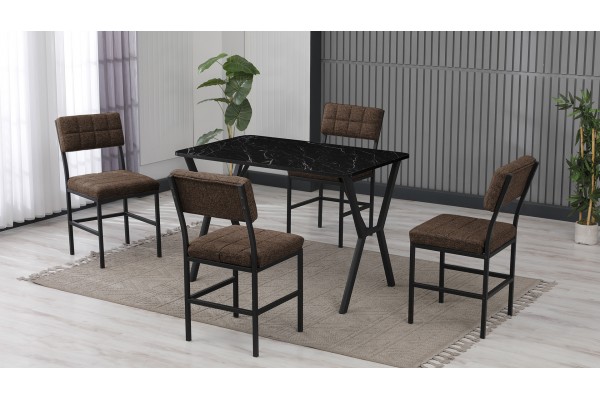 Dubai Modeli Mutfak Masa Takımı 4 Kişilik 4 Sandalye 1 Masa 70x110 cm Siyah Mermer Desenli Keten Kumaş Kahve Dubai Modeli Mutfak Masa Takımı 4 Kişilik 4 Sandalye 1 Masa 70x110 cm Siyah Mermer Desenli Keten Kumaş Kahve