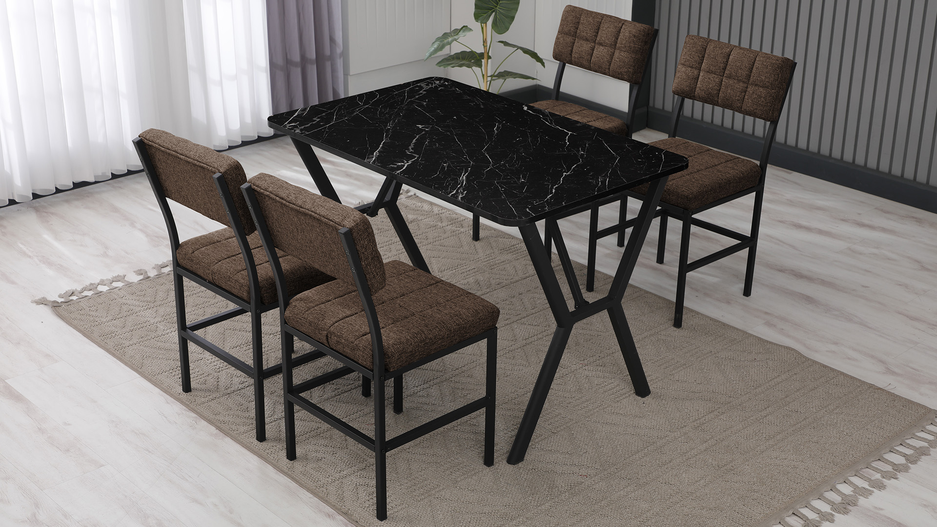 Dubai Modeli Mutfak Masa Takımı 4 Sandalye Keten Kumaş Kahve 1 Masa Ceviz