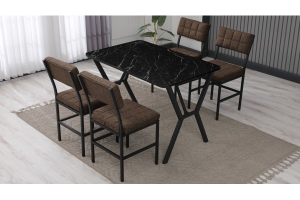 Dubai Modeli Mutfak Masa Takımı 4 Kişilik 4 Sandalye 1 Masa 70x110 cm Siyah Mermer Desenli Keten Kumaş Kahve