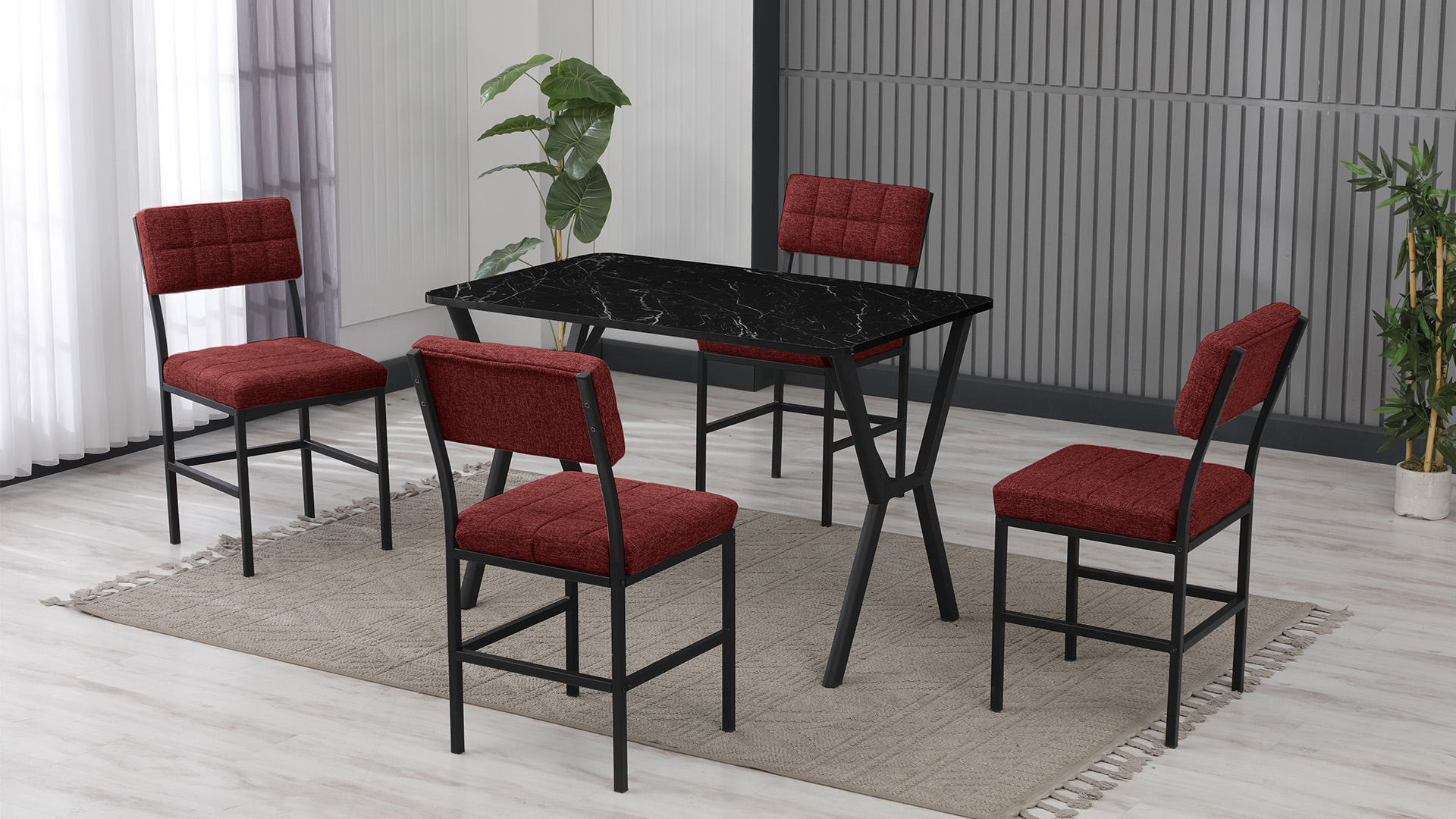 Dubai Modeli Mutfak Masa Takımı 4 Sandalye Keten Kumaş Bordo 1 Masa Siyah Mermer Desenli