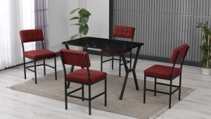 Dubai Modeli Mutfak Masa Takımı 4 Sandalye Keten Kumaş Bordo 1 Masa Siyah Mermer Desenli