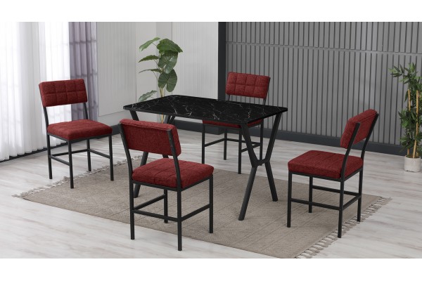 Dubai Modeli Mutfak Masa Takımı 4 Kişilik 4 Sandalye 1 Masa 70x110 cm Siyah Mermer Desenli Keten Kumaş Bordo Dubai Modeli Mutfak Masa Takımı 4 Kişilik 4 Sandalye 1 Masa 70x110 cm Siyah Mermer Desenli Keten Kumaş Bordo