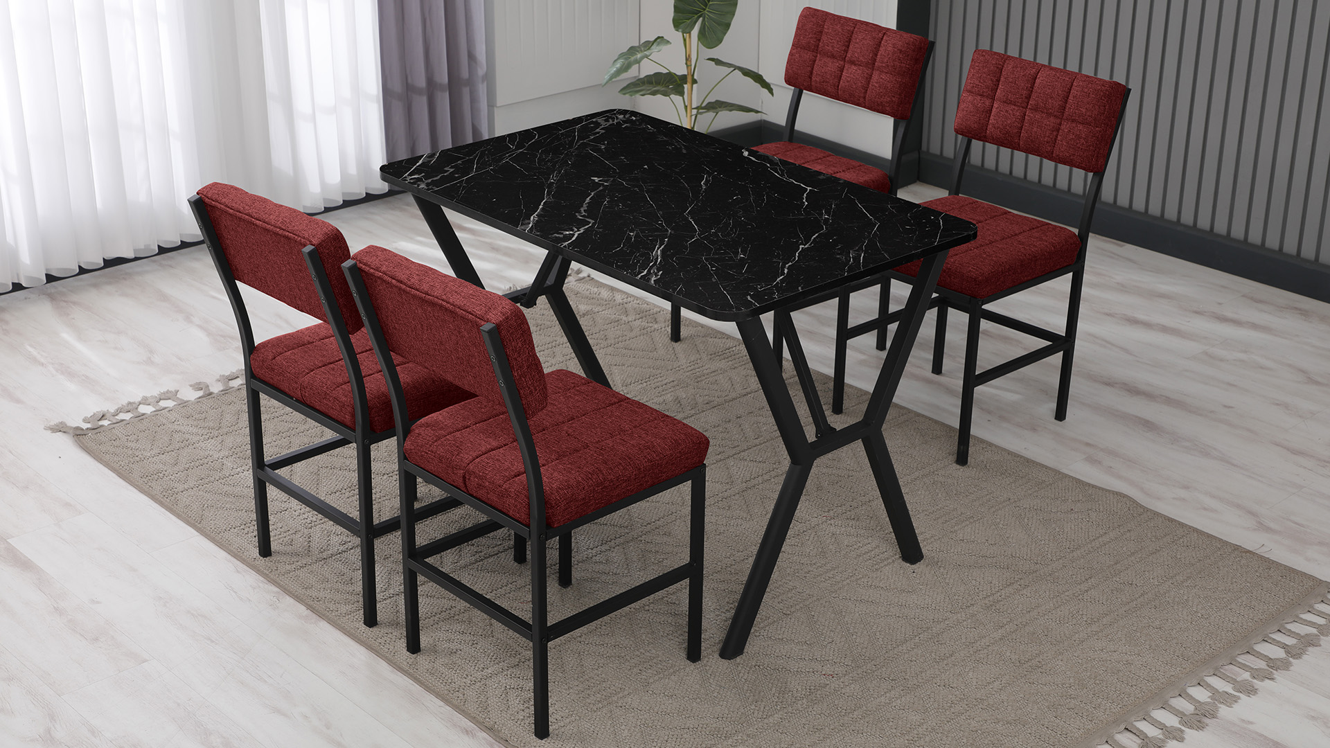 Dubai Modeli Mutfak Masa Takımı 4 Sandalye Keten Kumaş Bordo 1 Masa Siyah Mermer Desenli
