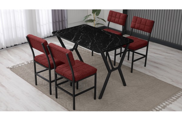 Dubai Modeli Mutfak Masa Takımı 4 Kişilik 4 Sandalye 1 Masa 70x110 cm Siyah Mermer Desenli Keten Kumaş Bordo