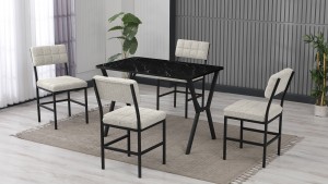 Dubai Modeli Mutfak Masa Takımı 4 Sandalye Keten Kumaş Krem1 Masa Siyah Mermer Desenli