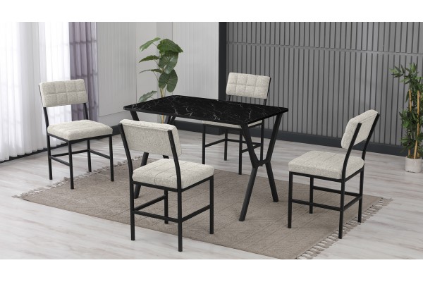 Dubai Modeli Mutfak Masa Takımı 4 Kişilik 4 Sandalye 1 Masa 70x110 cm Siyah Mermer Desenli Keten Kumaş Krem Dubai Modeli Mutfak Masa Takımı 4 Kişilik 4 Sandalye 1 Masa 70x110 cm Siyah Mermer Desenli Keten Kumaş Krem
