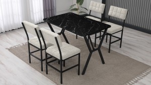 Dubai Modeli Mutfak Masa Takımı 4 Sandalye Keten Kumaş Krem1 Masa Siyah Mermer Desenli