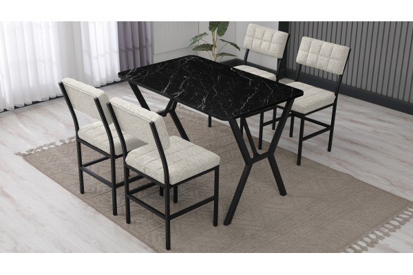 Dubai Modeli Mutfak Masa Takımı 4 Kişilik 4 Sandalye 1 Masa 70x110 cm Siyah Mermer Desenli Keten Kumaş Krem