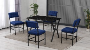 Dubai Modeli Mutfak Masa Takımı 4 Sandalye Keten Kumaş Lacivert 1 Masa Siyah Mermer Desenli