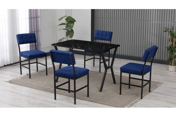 Dubai Modeli Mutfak Masa Takımı 4 Kişilik 4 Sandalye 1 Masa 70x110 cm Siyah Mermer Desenli Keten Kumaş Lacivert Dubai Modeli Mutfak Masa Takımı 4 Kişilik 4 Sandalye 1 Masa 70x110 cm Siyah Mermer Desenli Keten Kumaş Lacivert
