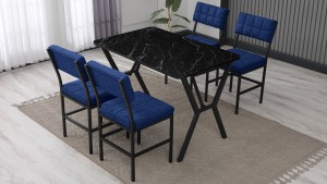 Dubai Modeli Mutfak Masa Takımı 4 Sandalye Keten Kumaş Lacivert 1 Masa Siyah Mermer Desenli