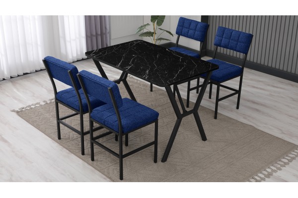 Dubai Modeli Mutfak Masa Takımı 4 Kişilik 4 Sandalye 1 Masa 70x110 cm Siyah Mermer Desenli Keten Kumaş Lacivert
