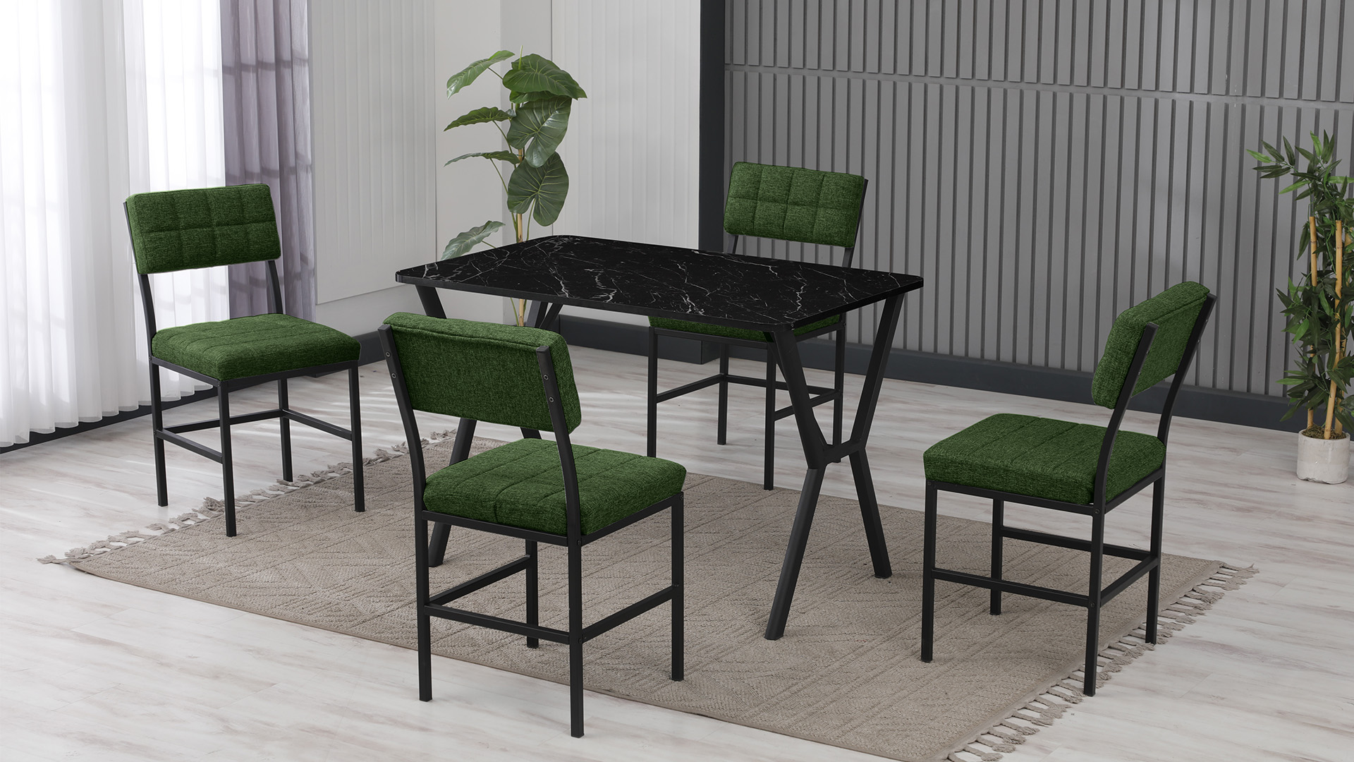Dubai Modeli Mutfak Masa Takımı 4 Sandalye Keten Kumaş Yeşil 1 Masa Siyah Mermer Desenli