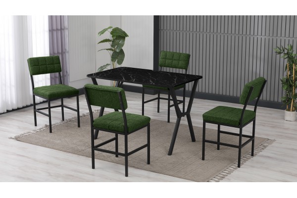 Dubai Modeli Mutfak Masa Takımı 4 Kişilik 4 Sandalye 1 Masa 70x110 cm Siyah Mermer Desenli Keten Kumaş Yeşil Dubai Modeli Mutfak Masa Takımı 4 Kişilik 4 Sandalye 1 Masa 70x110 cm Siyah Mermer Desenli Keten Kumaş Yeşil