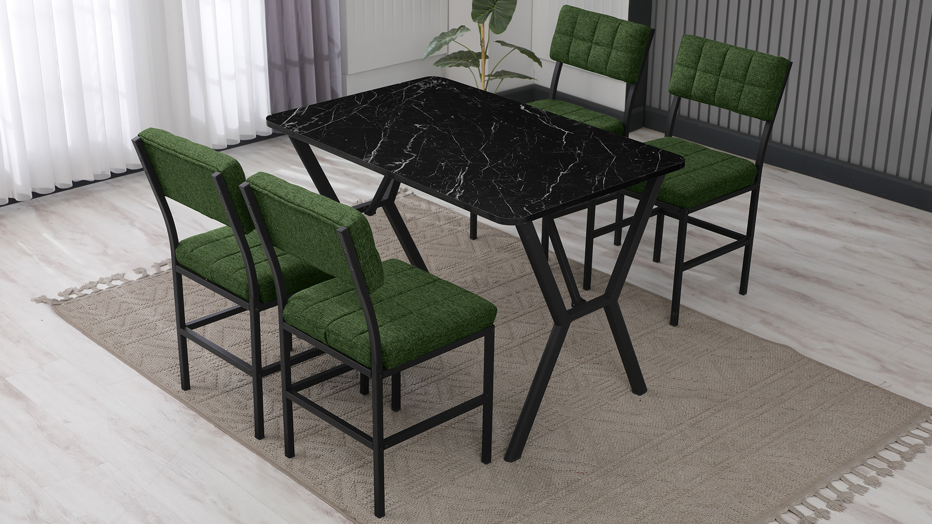Dubai Modeli Mutfak Masa Takımı 4 Sandalye Keten Kumaş Yeşil 1 Masa Siyah Mermer Desenli
