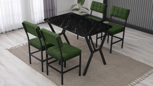 Dubai Modeli Mutfak Masa Takımı 4 Sandalye Keten Kumaş Yeşil 1 Masa Siyah Mermer Desenli
