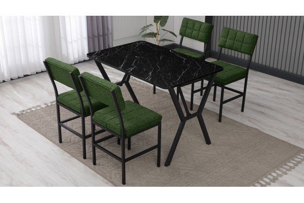 Dubai Modeli Mutfak Masa Takımı 4 Kişilik 4 Sandalye 1 Masa 70x110 cm Siyah Mermer Desenli Keten Kumaş Yeşil