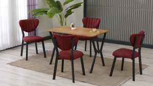 Elma Modeli Mutfak Masa Takımı 4 Sandalye Keten Kumaş Bordo  1 Masa Ceviz