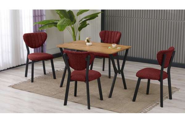 Elma Modeli Mutfak Masa Takımı 4 Kişilik 4 Sandalye 1 Masa 70x110 cm Ceviz Keten Kumaş Bordo