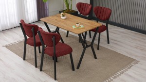 Elma Modeli Mutfak Masa Takımı 4 Sandalye Keten Kumaş Bordo  1 Masa Ceviz