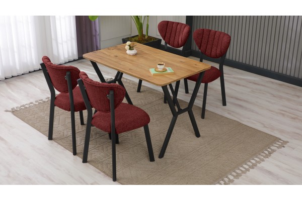 Elma Modeli Mutfak Masa Takımı 4 Kişilik 4 Sandalye 1 Masa 70x110 cm Ceviz Keten Kumaş Bordo