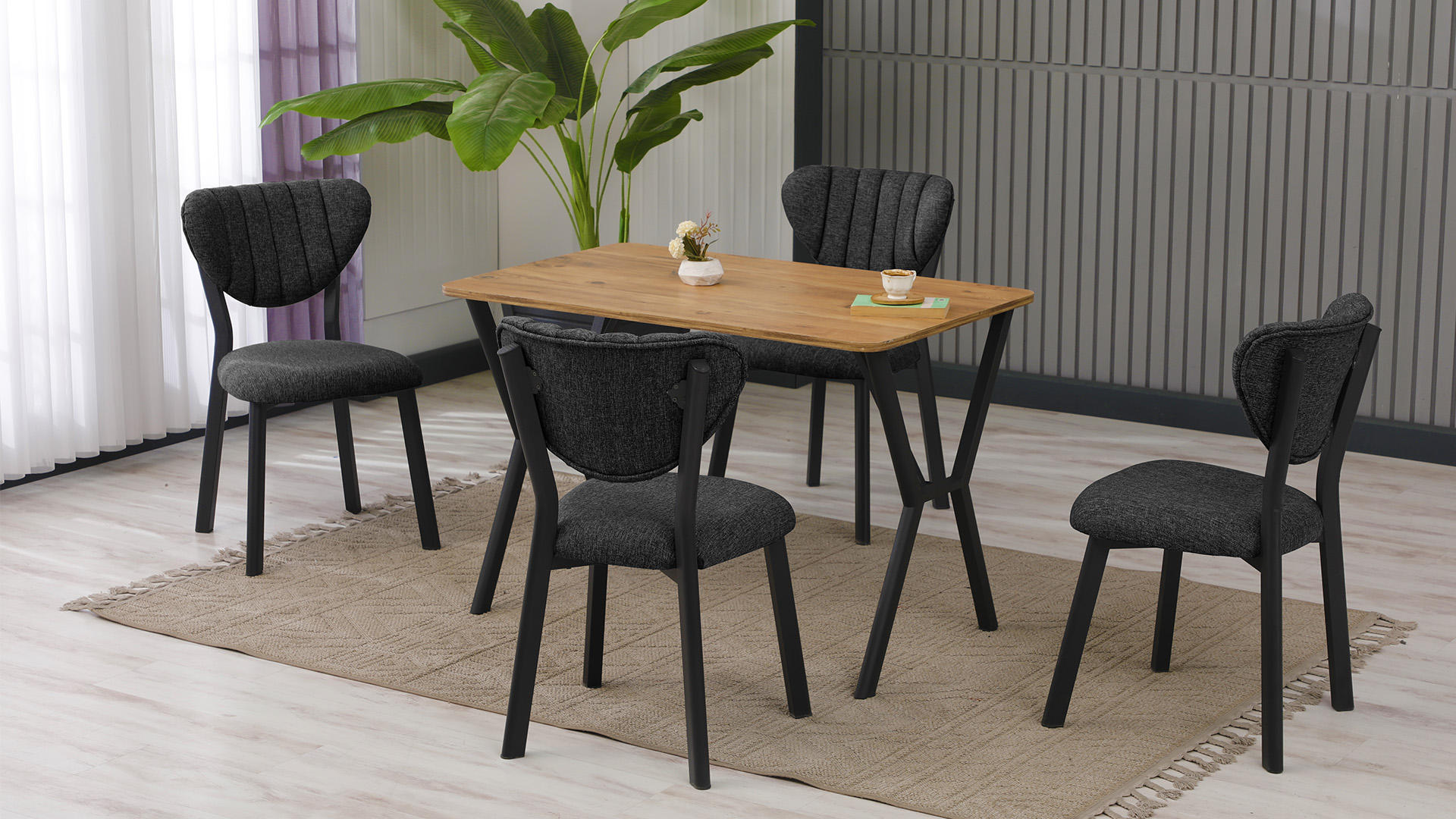 Elma Modeli Mutfak Masa Takımı 4 Sandalye Keten Kumaş Füme  1 Masa Ceviz