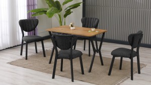Elma Modeli Mutfak Masa Takımı 4 Sandalye Keten Kumaş Füme  1 Masa Ceviz