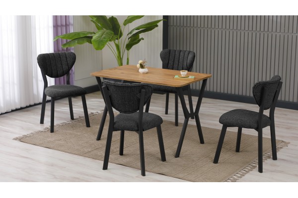 Elma Modeli Mutfak Masa Takımı 4 Kişilik 4 Sandalye 1 Masa 70x110 cm Ceviz Keten Kumaş Füme