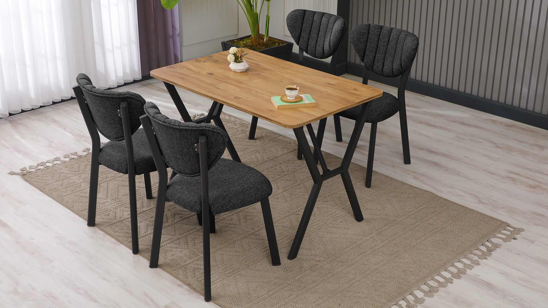 Elma Modeli Mutfak Masa Takımı 4 Sandalye Keten Kumaş Füme  1 Masa Ceviz