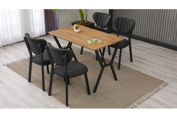 Elma Modeli Mutfak Masa Takımı 4 Kişilik 4 Sandalye 1 Masa 70x110 cm Ceviz Keten Kumaş Füme