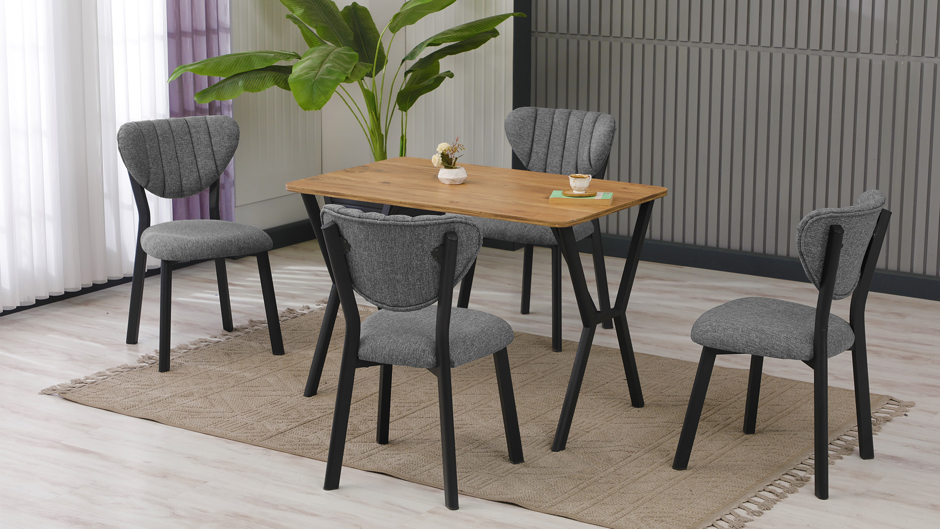 Elma Modeli Mutfak Masa Takımı 4 Sandalye Keten Kumaş Gri 1 Masa Ceviz