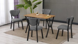 Elma Modeli Mutfak Masa Takımı 4 Sandalye Keten Kumaş Gri 1 Masa Ceviz