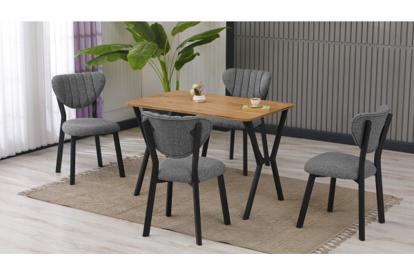Elma Modeli Mutfak Masa Takımı 4 Kişilik 4 Sandalye 1 Masa 70x110 cm Ceviz Keten Kumaş Gri