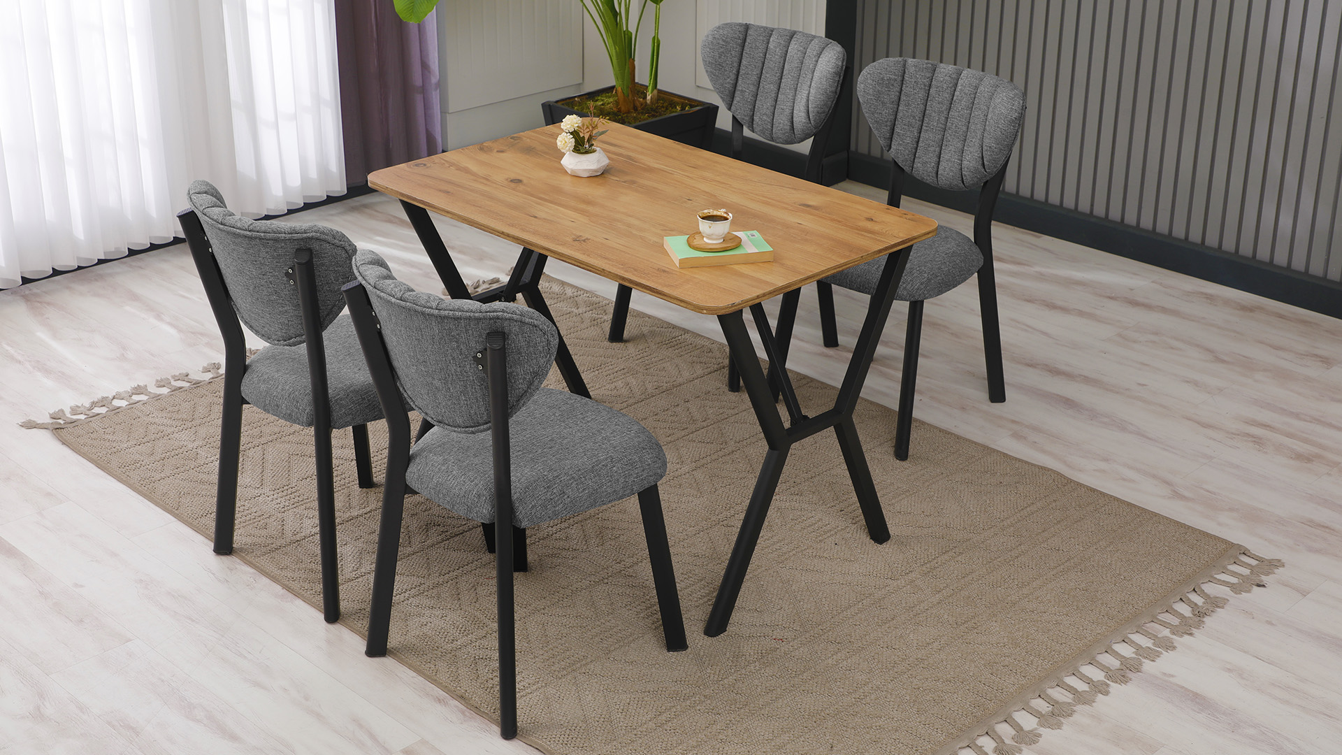 Elma Modeli Mutfak Masa Takımı 4 Sandalye Keten Kumaş Gri 1 Masa Ceviz