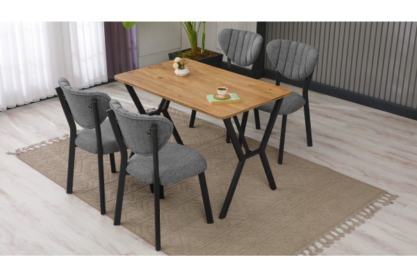 Elma Modeli Mutfak Masa Takımı 4 Kişilik 4 Sandalye 1 Masa 70x110 cm Ceviz Keten Kumaş Gri