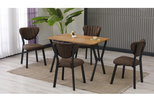 Elma Modeli Mutfak Masa Takımı 4 Kişilik 4 Sandalye 1 Masa 70x110 cm Ceviz Keten Kumaş Kahve