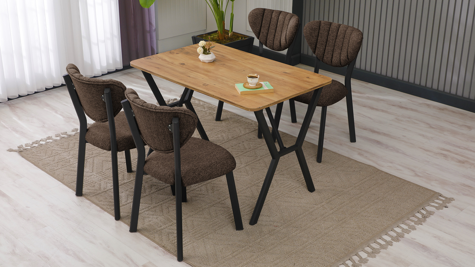 Elma Modeli Mutfak Masa Takımı 4 Sandalye Keten Kumaş Kahve  1 Masa Ceviz