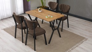 Elma Modeli Mutfak Masa Takımı 4 Sandalye Keten Kumaş Kahve  1 Masa Ceviz