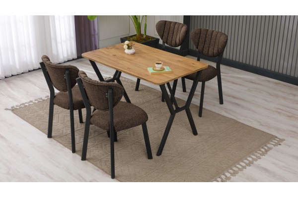 Elma Modeli Mutfak Masa Takımı 4 Kişilik 4 Sandalye 1 Masa 70x110 cm Ceviz Keten Kumaş Kahve