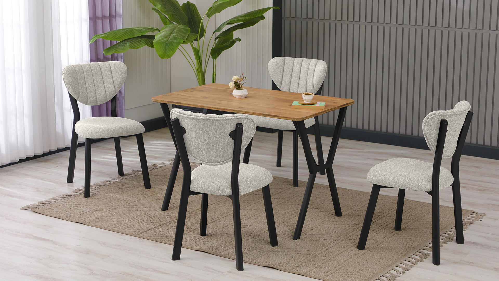 Elma Modeli Mutfak Masa Takımı 4 Sandalye Keten Kumaş Füme  1 Masa Ceviz