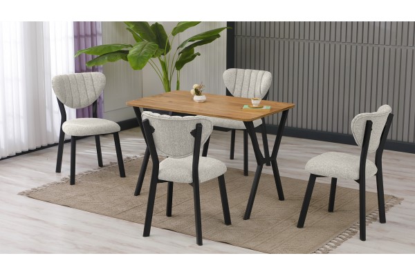 Elma Modeli Mutfak Masa Takımı 4 Kişilik 4 Sandalye 1 Masa 70x110 cm Ceviz Keten Kumaş Krem